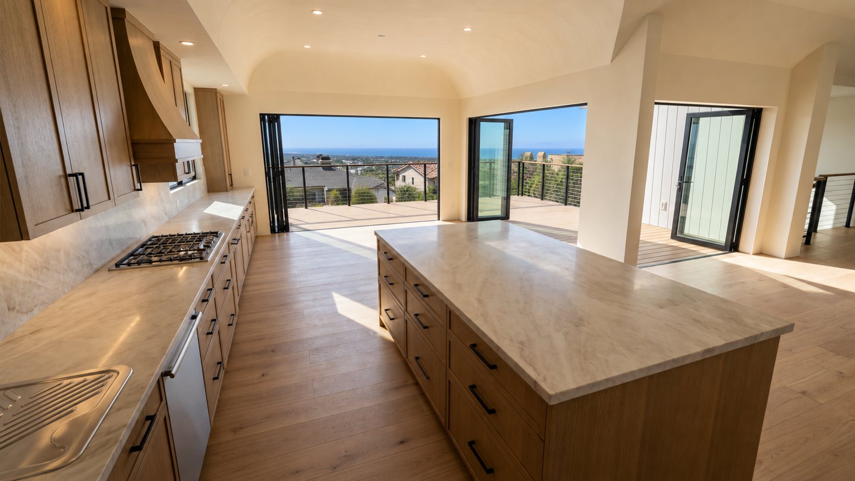Kitchen, opening to the deck and the view