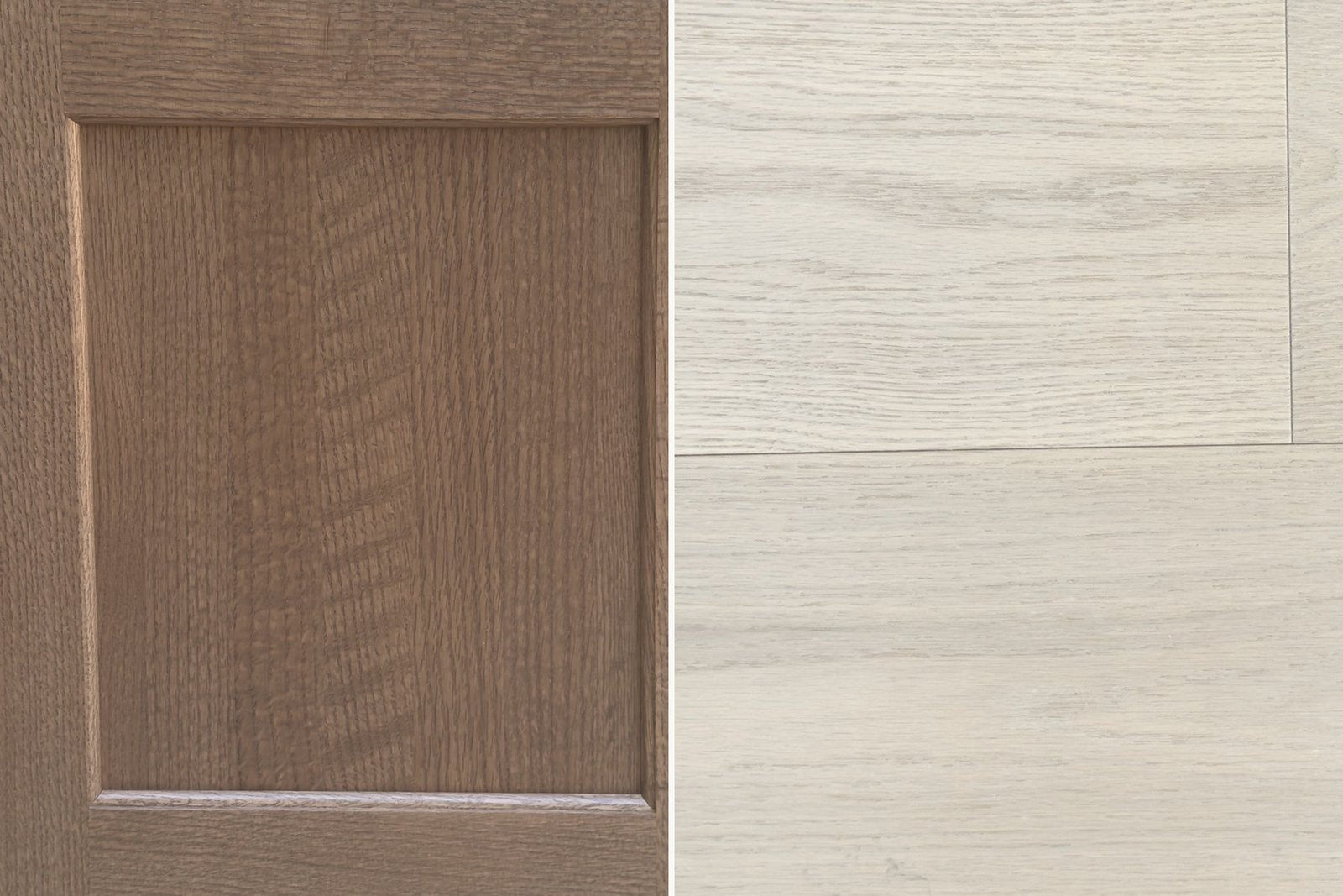 Biscotti cabinet door and Wheat white oak flooring, photographed from the samples