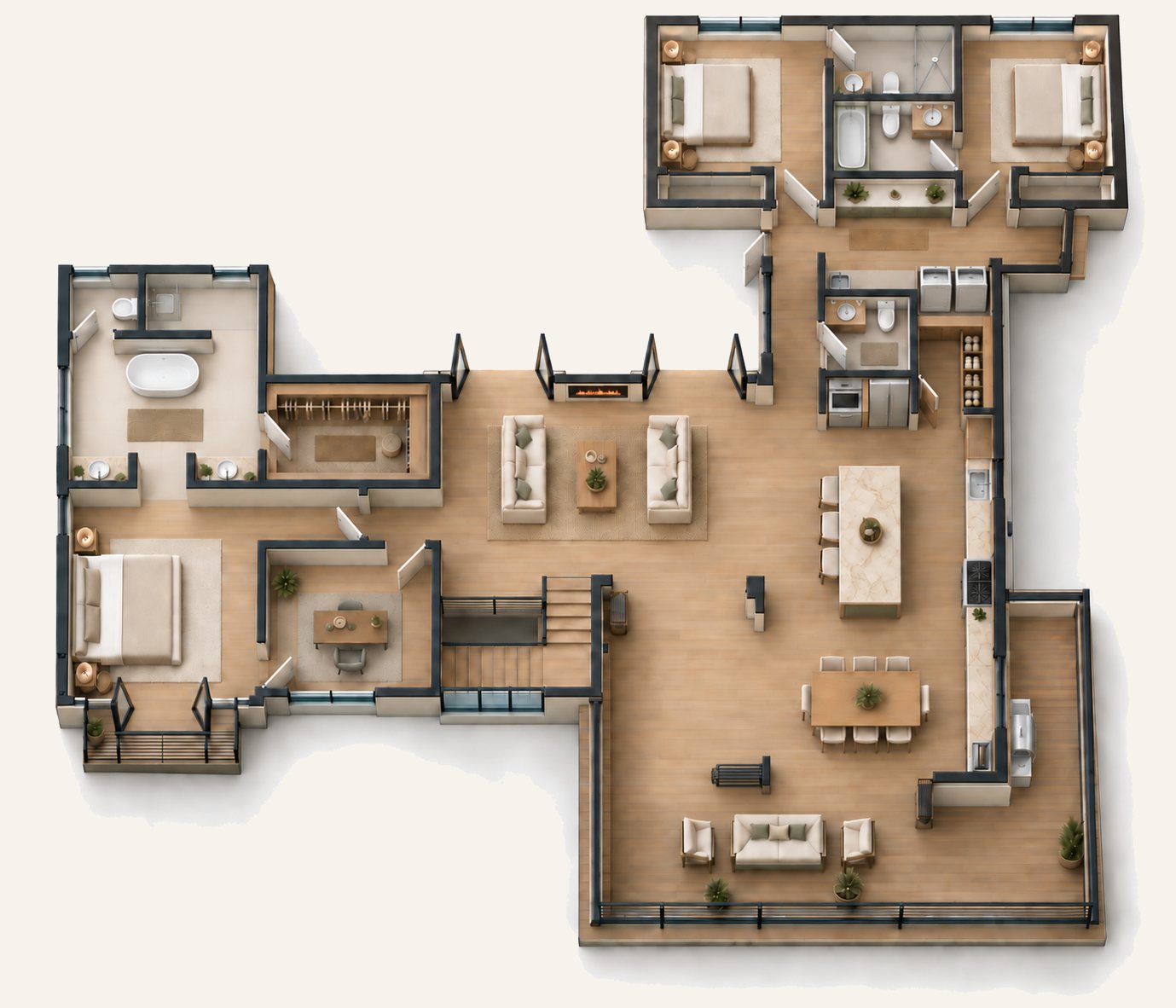 Main level, rendered floor plan